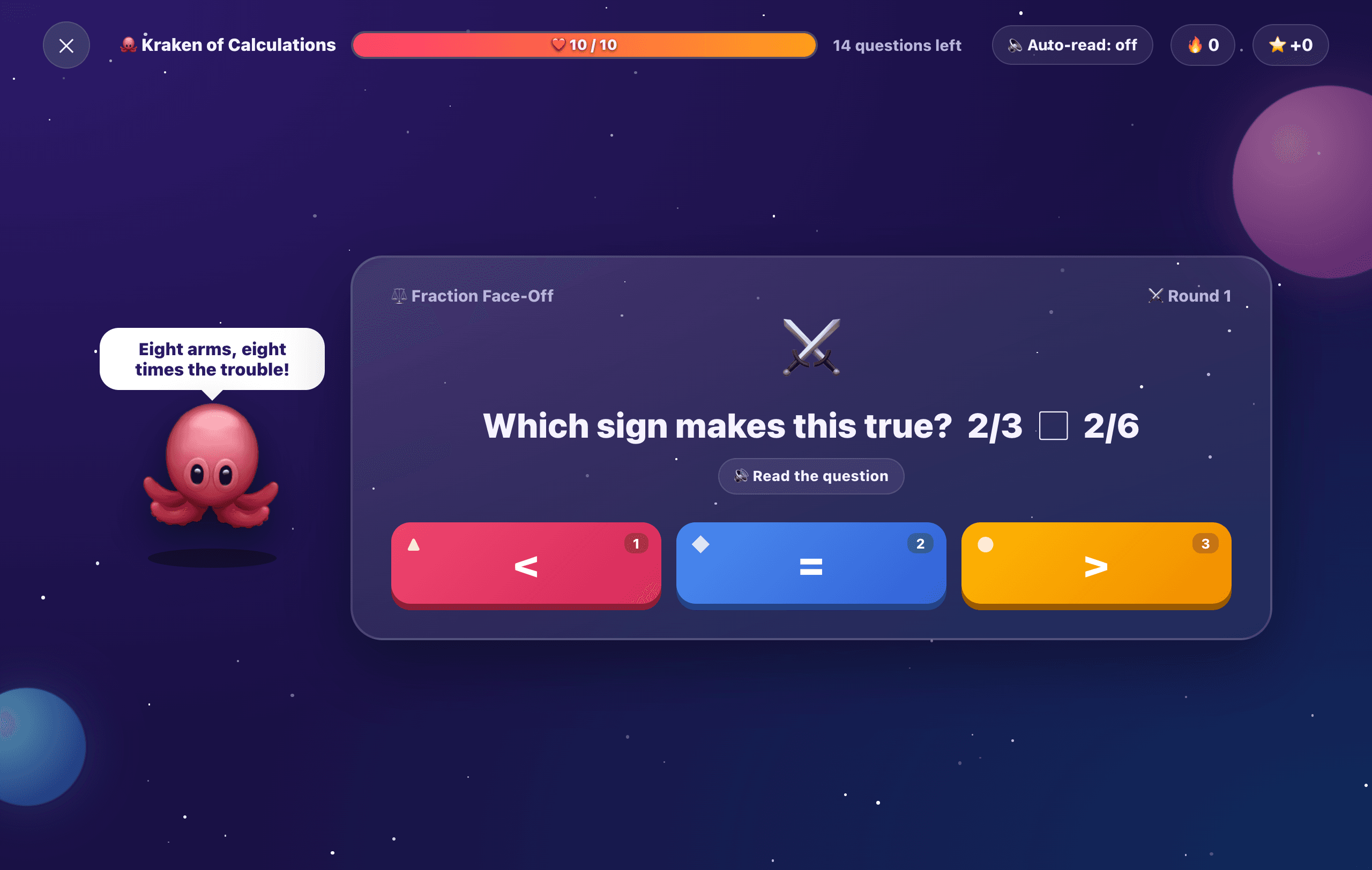 A boss battle against the Kraken of Calculations comparing fractions