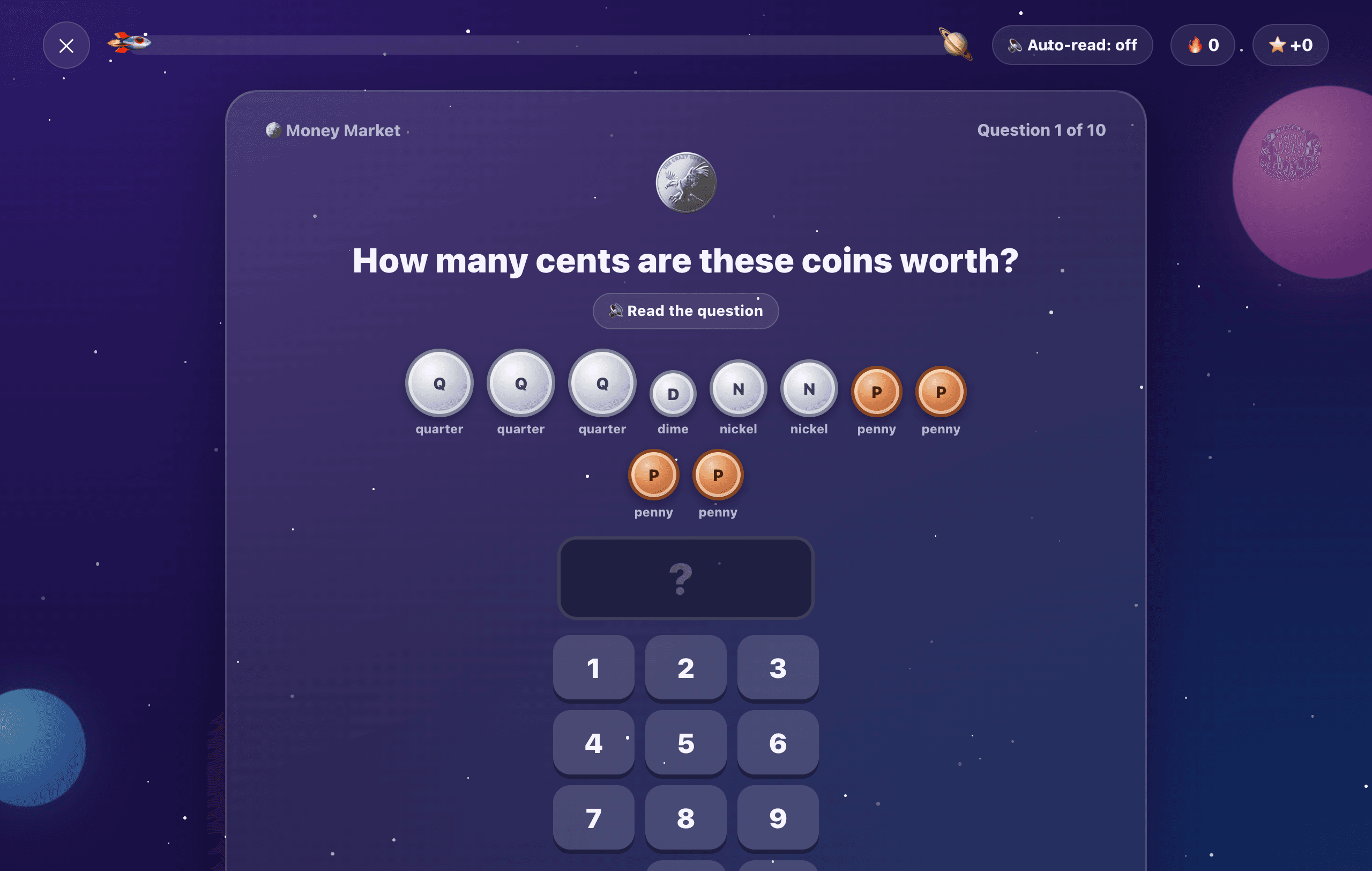 A money question showing quarters, dimes, nickels and pennies