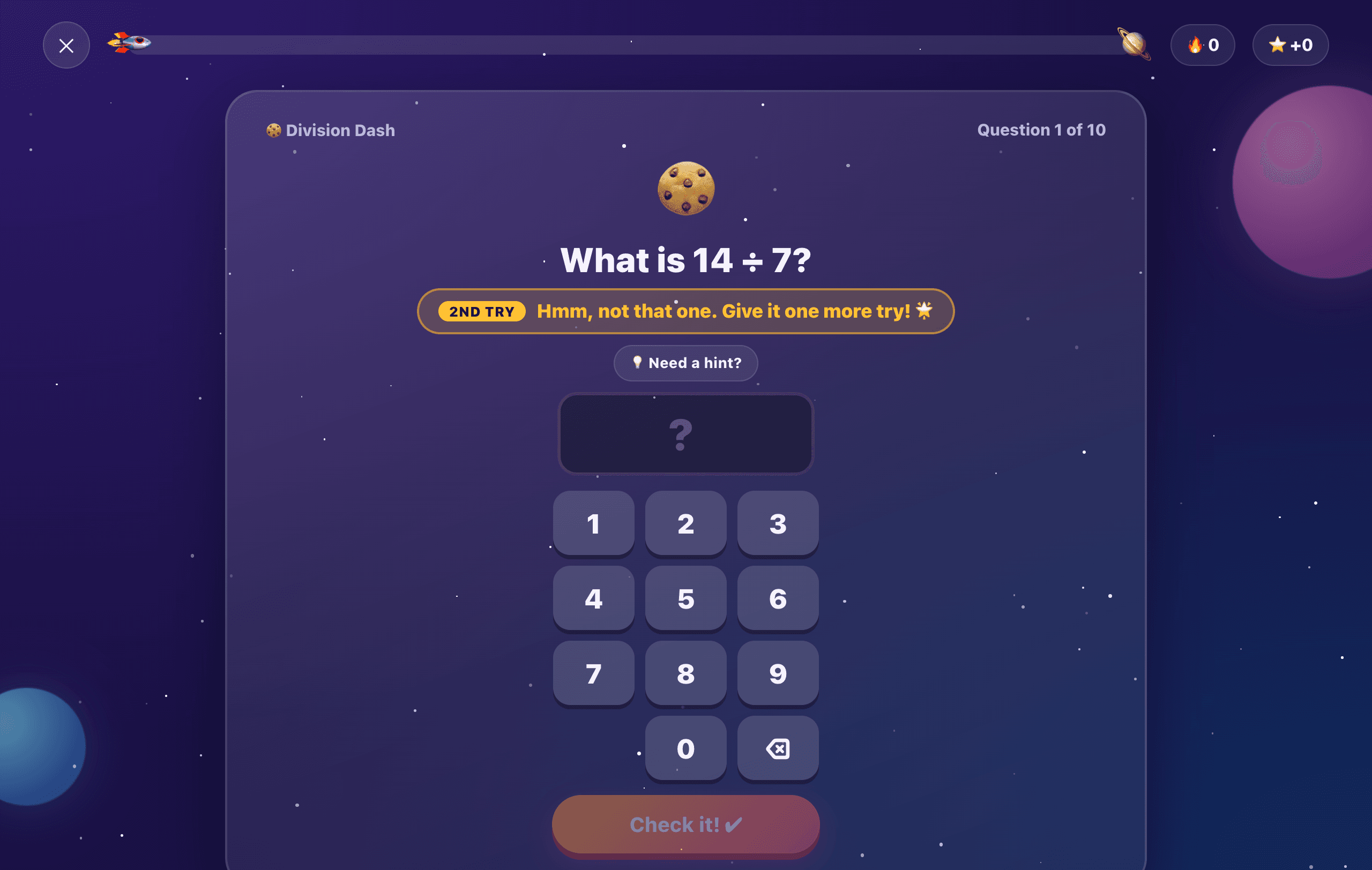 A second-try prompt with a hint button after a wrong answer